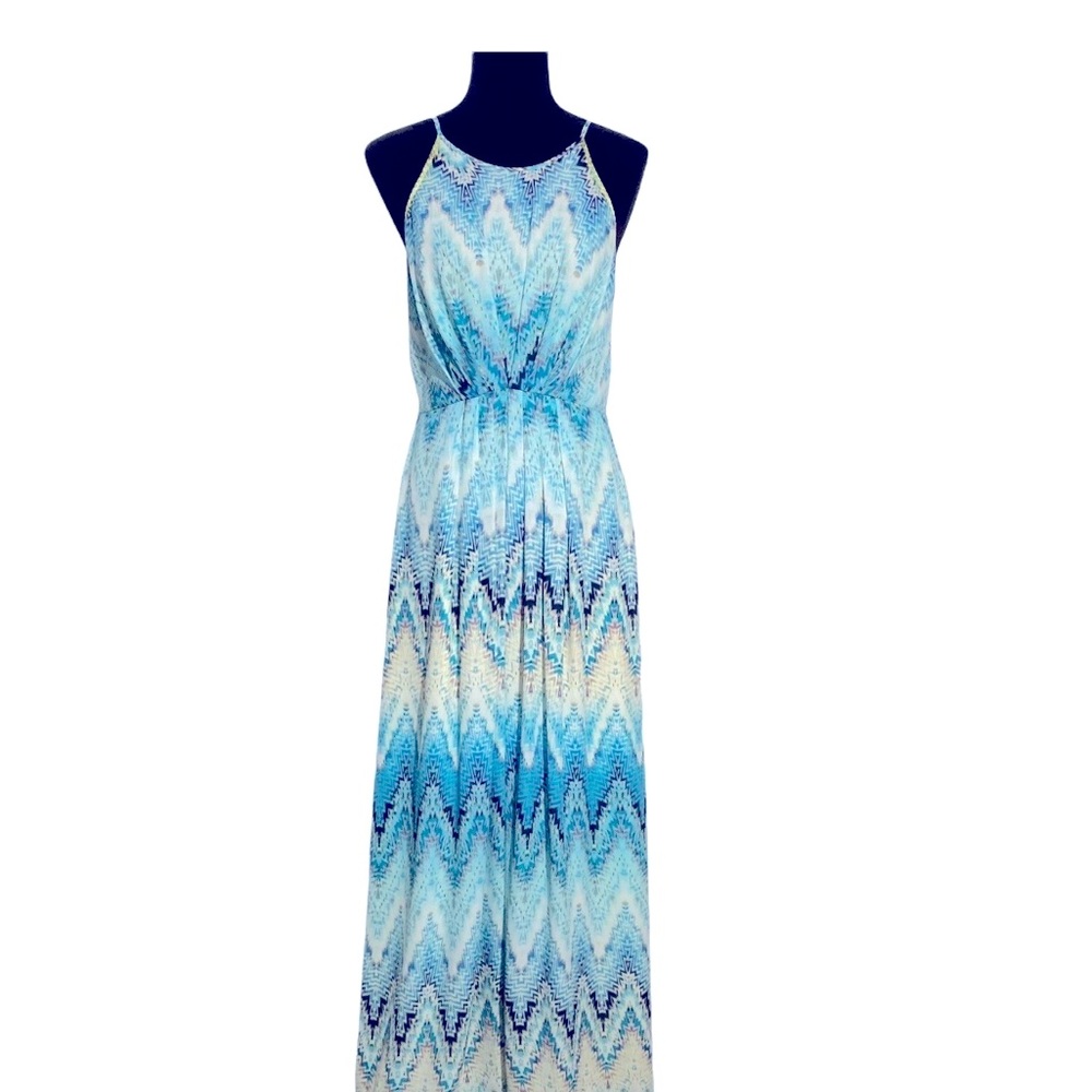 Kenji 12 Maxi Dress Watercolor Geometric Blue Ivory Multicolor Embrioider Trim